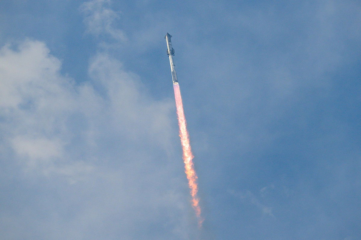 <i>Chandan Khanna/AFP/Getty Images via CNN Newsource</i><br/>The SpaceX Starship spacecraft lifts off from the Starbase in Boca Chica