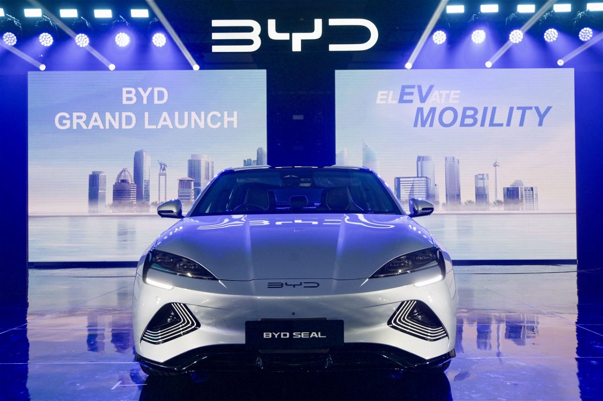 <i>Bay Ismoyo/AFP/Getty Images via CNN Newsource</i><br/>The BYD Seal is displayed during a launch event in Jakarta in January 2024.