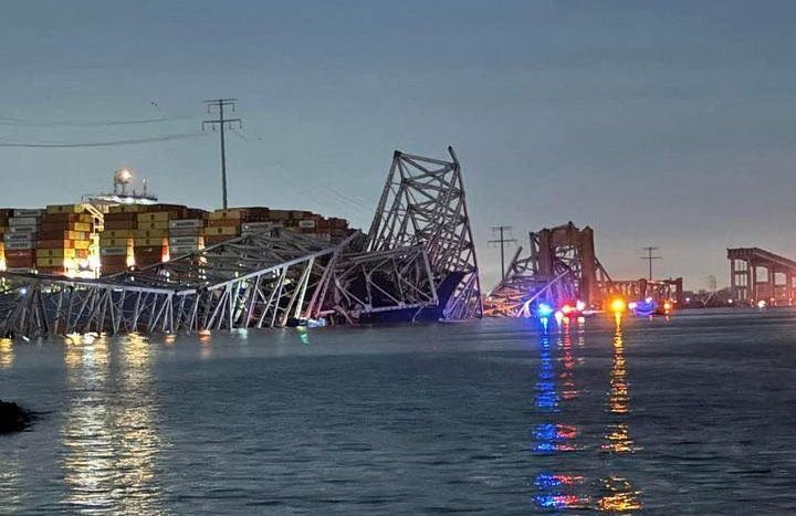 <i>Harford County MD Fire & EMS/Reuters via CNN Newsource</i><br/>A view of the Francis Scott Key Bridge after it collapsed