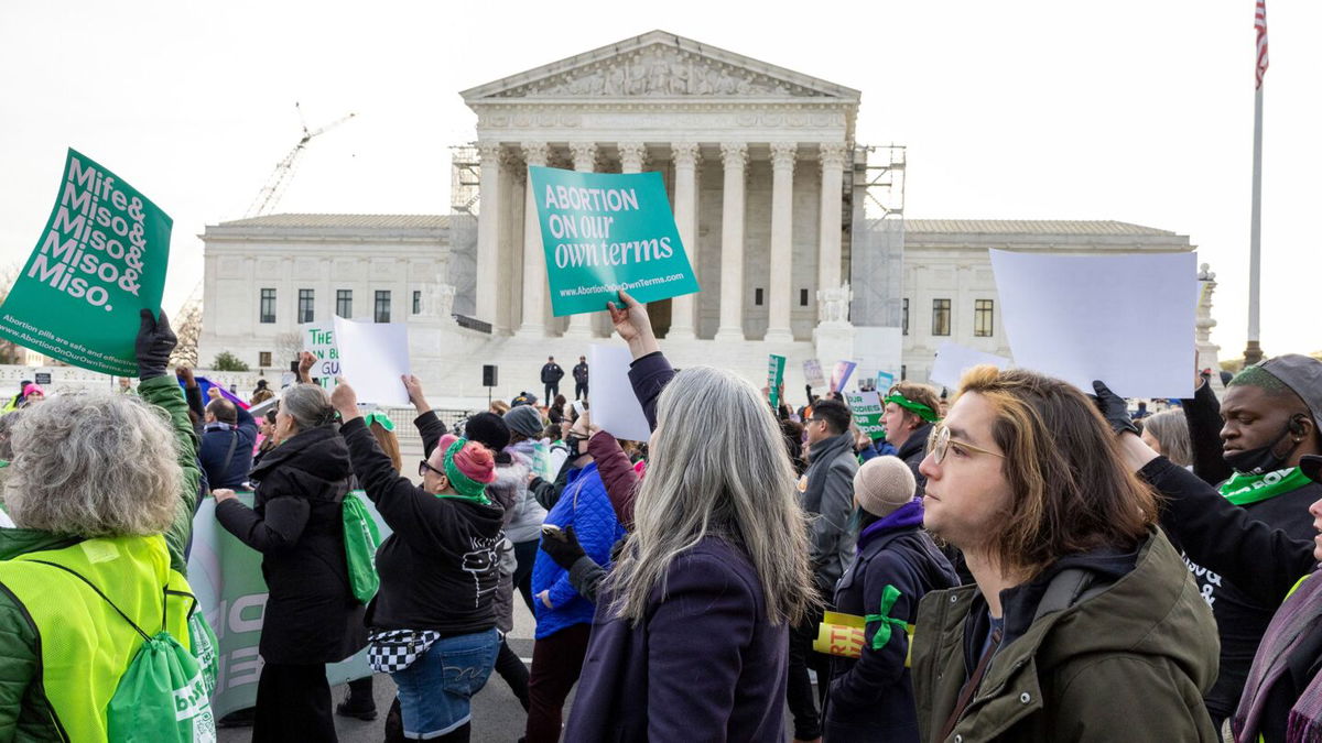 <i>Amanda Andrade-Rhoades/AP via CNN Newsource</i><br/>Abortion-rights groups march outside the Supreme Court on Tuesday