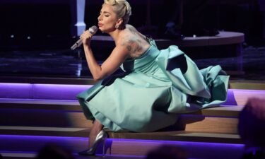 Lady Gaga performing at the 2022 Grammy Awards in Las Vegas.