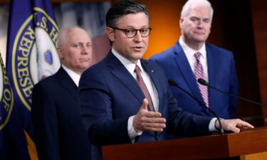 House Speaker Mike Johnson speaks during a news conference with Majority Leader Steve Scalise and Majority Whip Tom Emmer following a closed-door GOP conference meeting at the US Capitol Visitors Center on March 20 in Washington