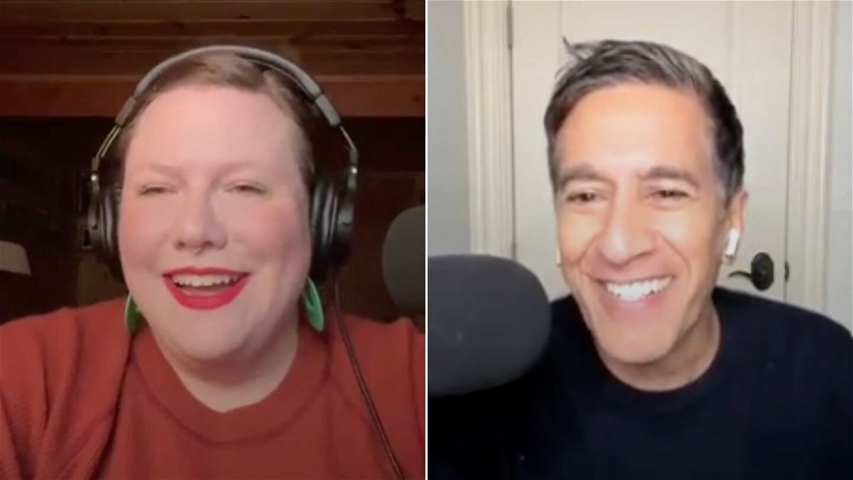 Writer and activist Lindy West and Dr. Sanjay Gupta tape a recent episode of the CNN podcast Chasing Life With Dr. Sanjay Gupta.