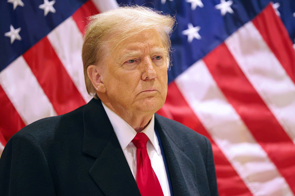 <i>Michael M. Santiago/Getty Images via CNN Newsource</i><br/>Former President Donald Trump on Friday posted a video that featured an image of President Joe Biden tied up in the back of a pickup truck. Trump is shown here at a news conference on March 25