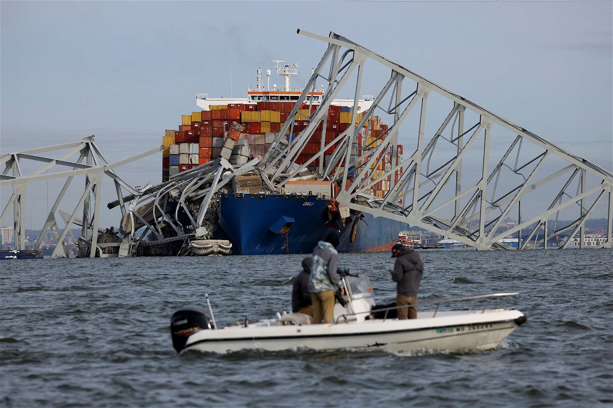 <i>Julia Nikhinson/Reuters via CNN Newsource</i><br/>A view of the Dali cargo vessel which crashed into the Francis Scott Key Bridge causing it to collapse in Baltimore.