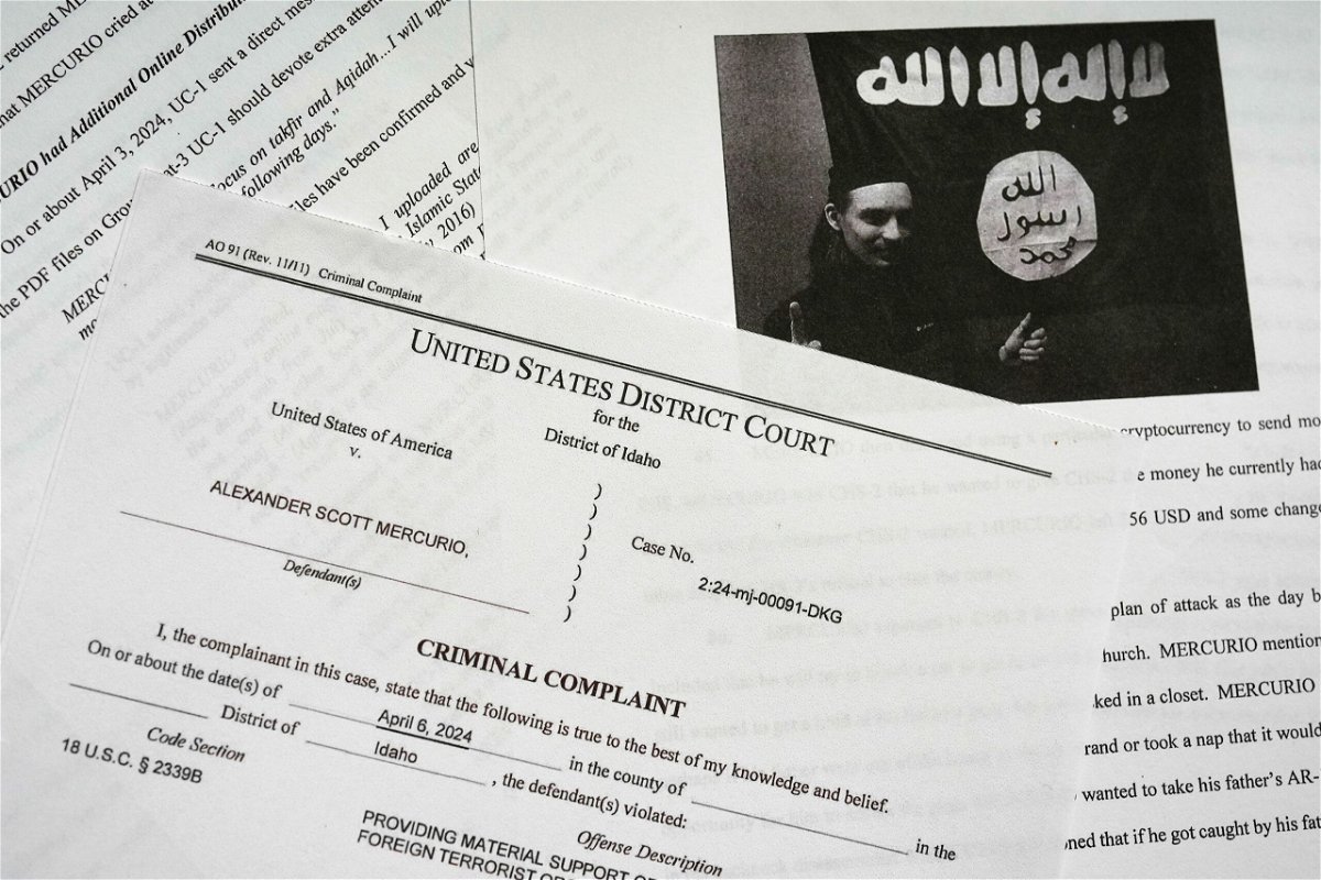 The criminal complaint against Alexander Scott Mercurio is photographed on Tuesday, April 9. The 18-year-old accused of pledging allegiance to ISIS and planning attacks against churches in Idaho pleaded not guilty April 10 to a federal terrorism charge, according to the court docket.