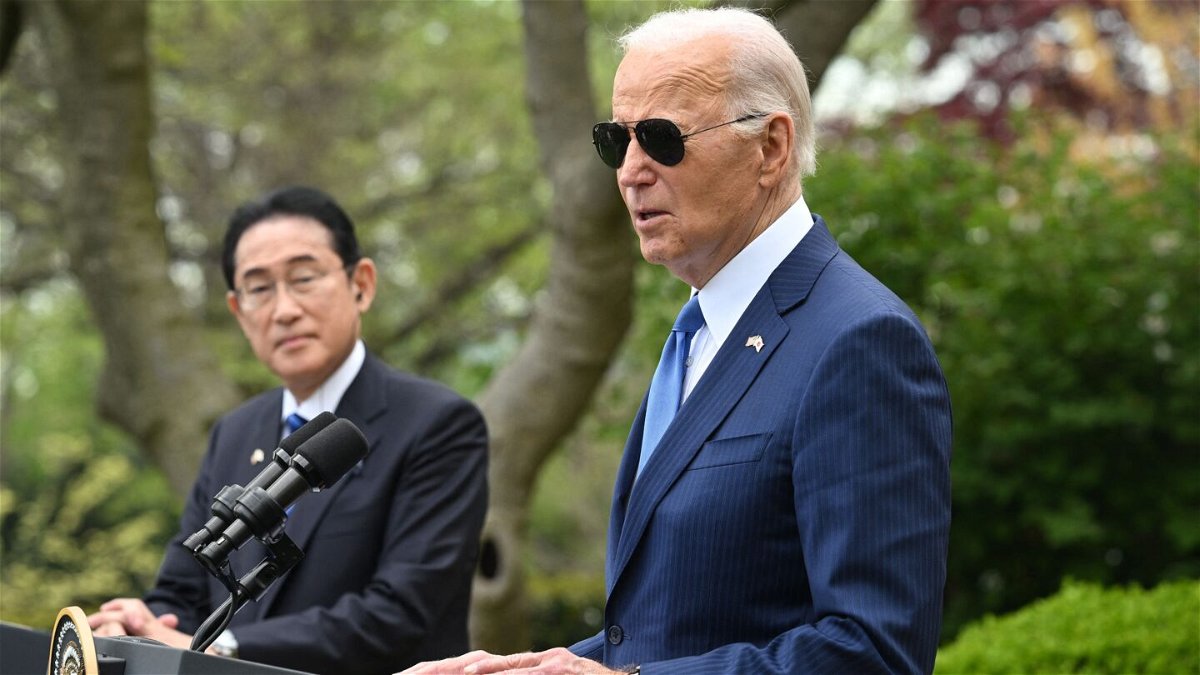 <i>Saul Loeb/AFP via Getty Images via CNN Newsource</i><br/>US President Joe Biden (R) and Japanese Prime Minister Fumio Kishida hold a joint press conference in the Rose Garden of the White House in Washington
