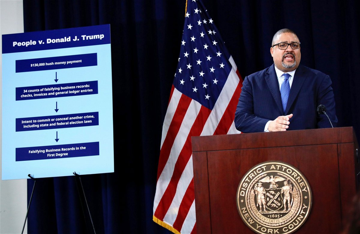 <i>Kena Betancur/Getty Images/File via CNN Newsource</i><br/>Manhattan District Attorney Alvin Bragg speaks during a press conference following the arraignment of former President Donald Trump