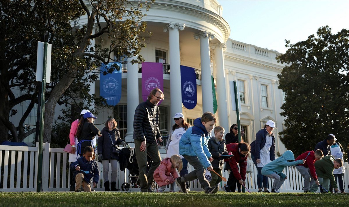 Guests participate in the annual Easter Egg Roll on the South Lawn of the White House on April 10, 2023, in Washington, DC.