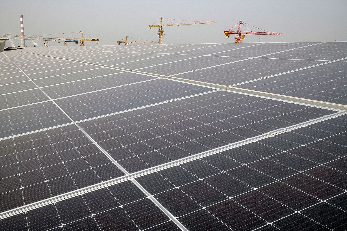 <i>Bloomberg/Getty Images via CNN Newsource</i><br/>Longi Green Energy Technology Co. solar panels on the roof of an office building in Xi'an