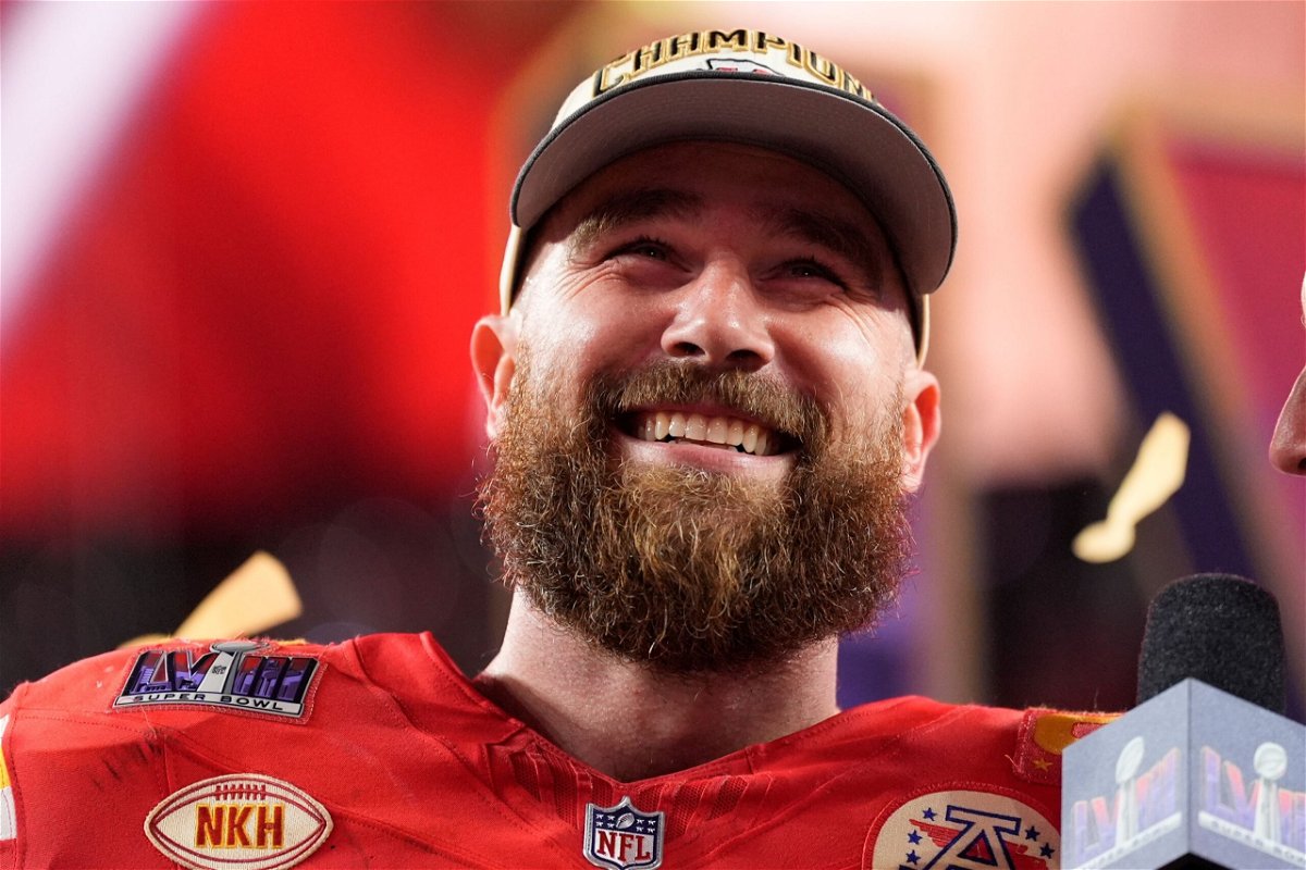 Kansas City Chiefs tight end Travis Kelce celebrates after the Super Bowl in Las Vegas.