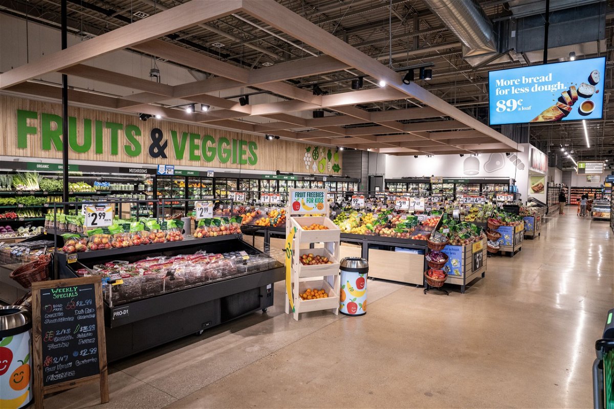 Amazon is walking back its “Just Walk Out” technology at its grocery stores. The fruit and vegetable section of an Amazon Fresh grocery store is pictured in Schaumburg, Illinois, on Monday, July 2023.
