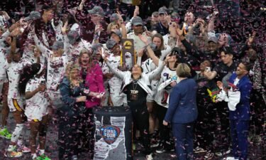 The South Carolina Gamecocks celebrate after beating the Iowa Hawkeyes in the NCAA women's basketball national championship on April 7. Sunday’s NCAA tournament national title game between undefeated and top overall seed South Carolina and Caitlin Clark’s Iowa Hawkeyes delivered 18.7 million viewers