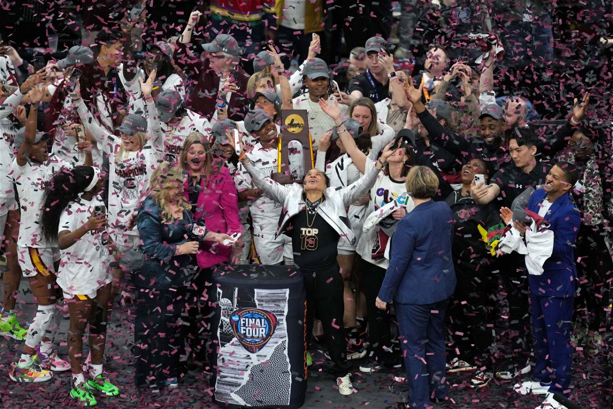 <i>Aaron Doster/USA Today Sports/Reuters via CNN Newsource</i><br/>The South Carolina Gamecocks celebrate after beating the Iowa Hawkeyes in the NCAA women's basketball national championship on April 7. Sunday’s NCAA tournament national title game between undefeated and top overall seed South Carolina and Caitlin Clark’s Iowa Hawkeyes delivered 18.7 million viewers