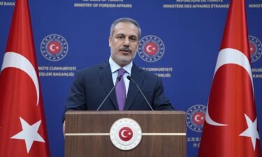 Turkish Foreign Minister Hakan Fidan holds a press conference in Ankara on April 8.