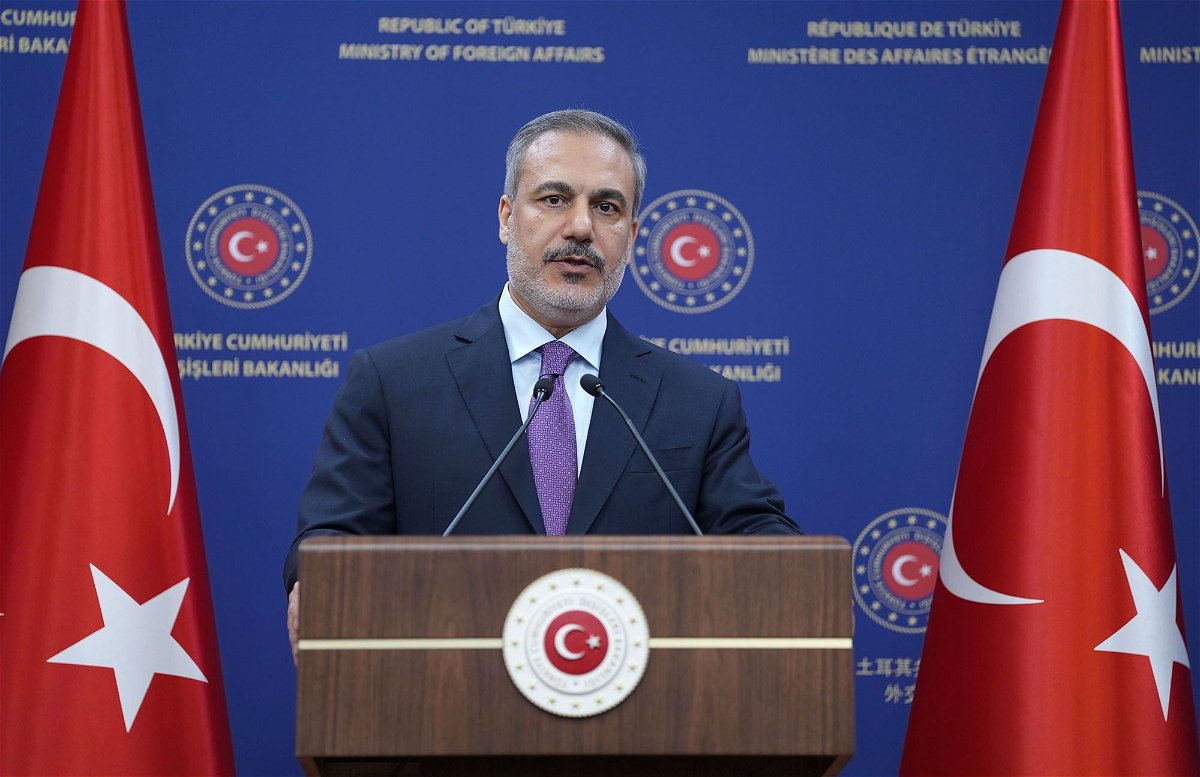<i>Guven Yilmaz/Anadolu/Getty Images via CNN Newsource</i><br/>Turkish Foreign Minister Hakan Fidan holds a press conference in Ankara on April 8.