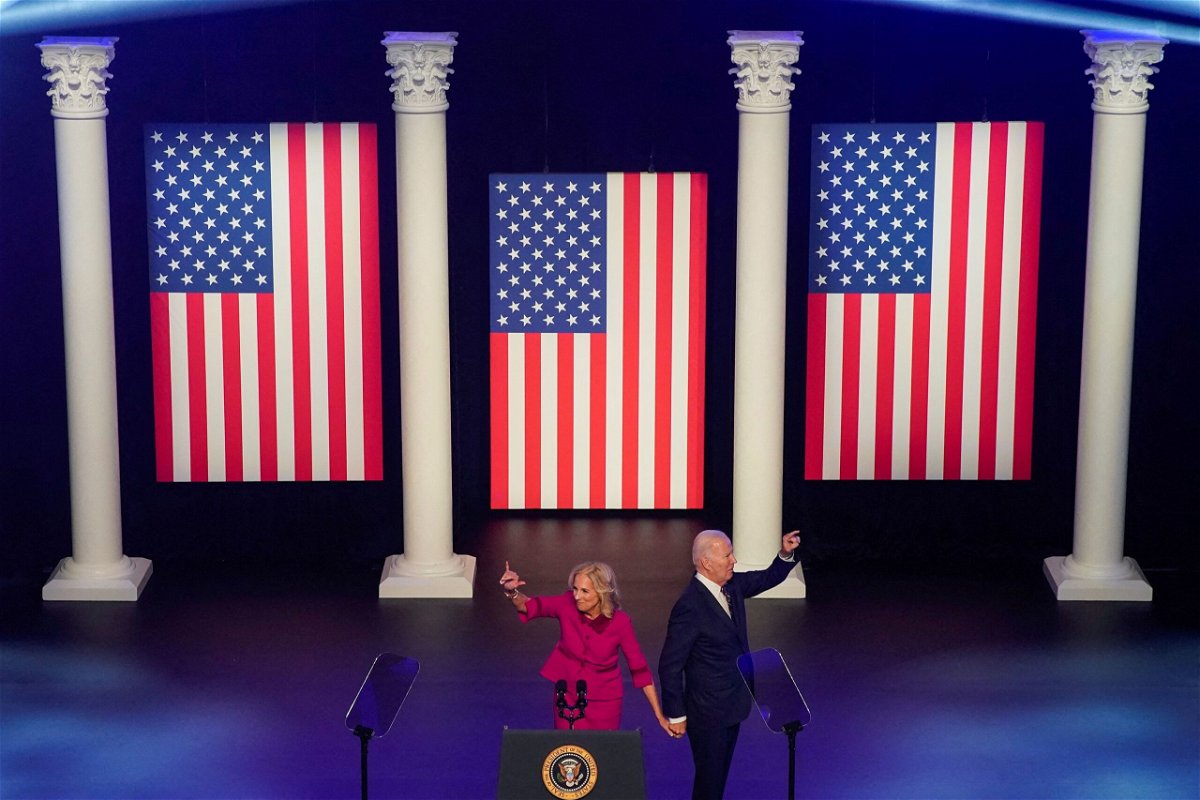 <i>Eduardo Munoz/Reuters via CNN Newsource</i><br/>U.S. President Joe Biden and U.S. first lady Jill Biden greet people as they attend a campaign event at Montgomery County Community College