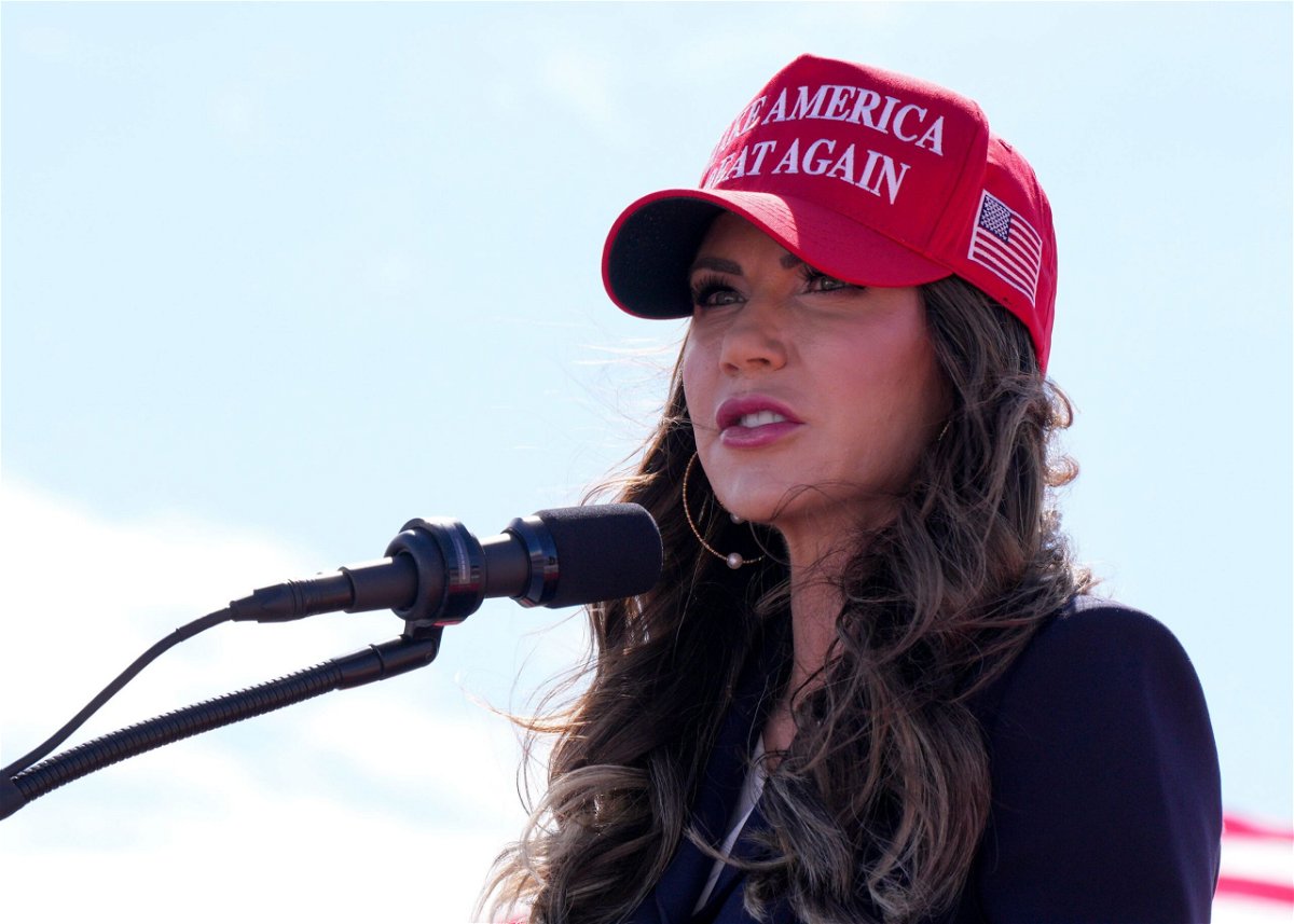 <i>Jeff Dean/AP via CNN Newsource</i><br/>South Dakota Gov. Kristi Noem speaks prior to remarks from Republican presidential candidate and former President Donald Trump at a campaign rally Saturday