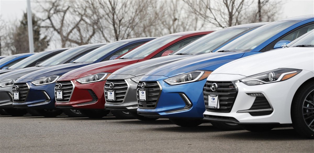 A line of unsold 2018 Elantra sedans sits outside a Hyundai dealership in Littleton, Colorado. in 2018. Two Hyundai models and one Kia were the three most-stolen vehicles last year.