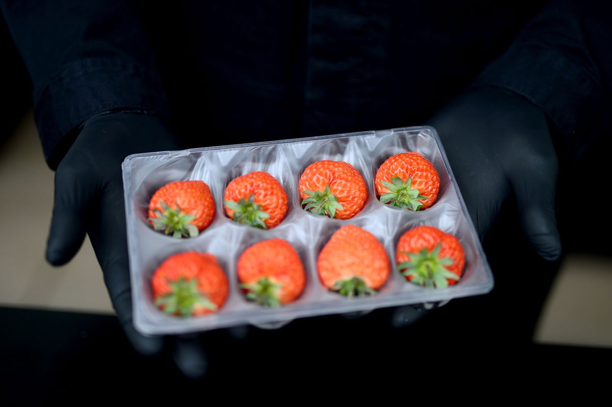 Oishii strawberries are displayed in 2022 in Beverly Hills, California.