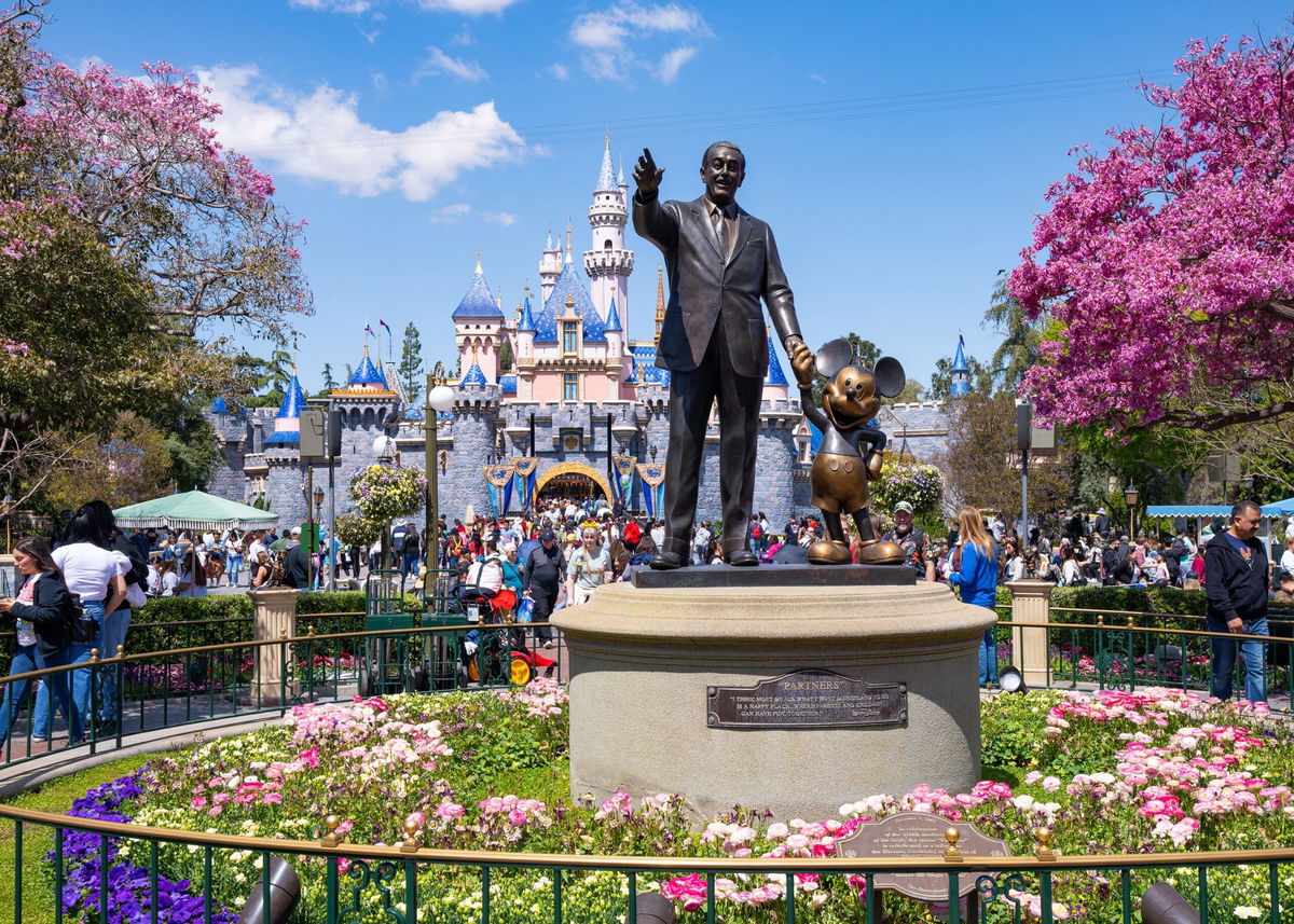 Walt Disney and Mickey Mouse are depicted in the 'Partners' statue at Disneyland in Anaheim, California.