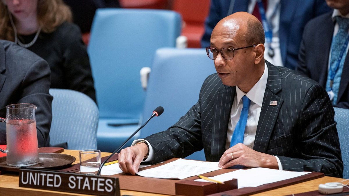 <i>Eduardo Munoz/Reuters via CNN Newsource</i><br/>Deputy US Ambassador to the UN Robert Wood addresses the Security Council at the United Nations headquarters in New York City on May 20. The US has assessed that Russia likely launched a counter space weapon last week.