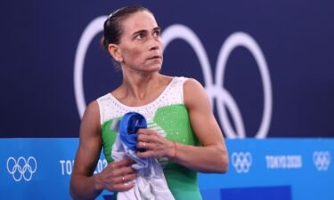 Chusovitina competes in the vault event at the 2022 Asian Games in Hangzhou
