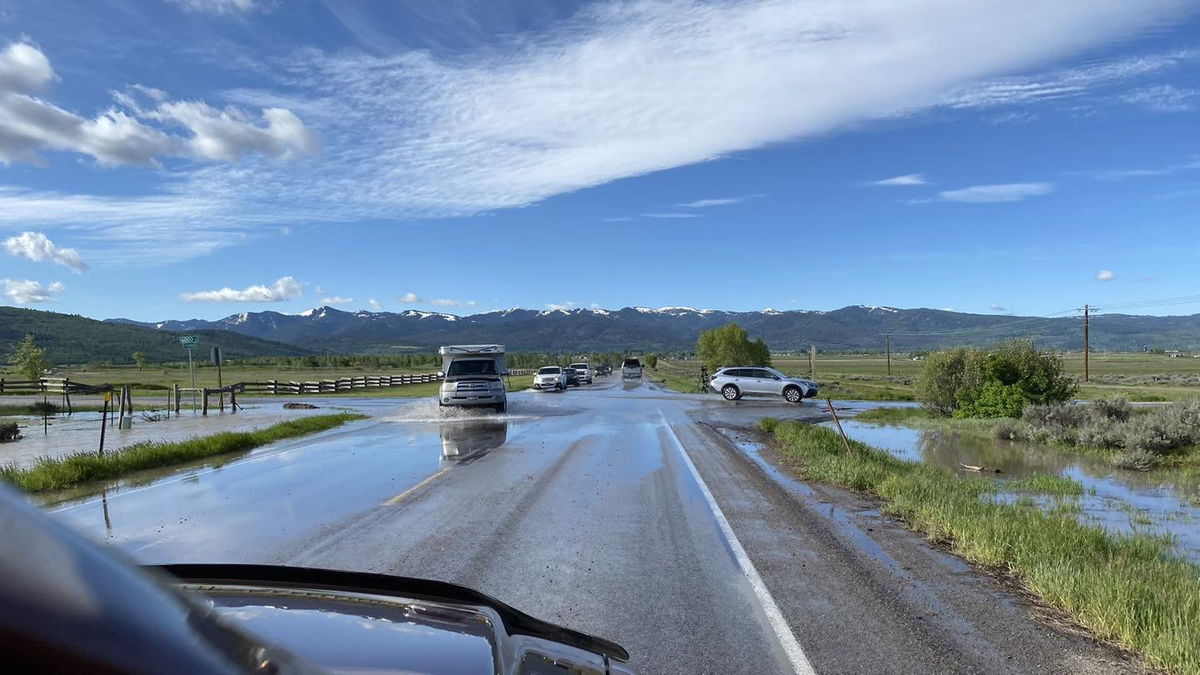 Water over Highway 33 in Teton County between Driggs and Victor.