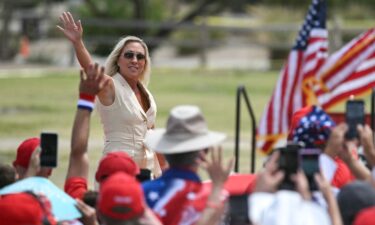 Rep. Marjorie Taylor Greene is seen here at a campaign rally for former President Donald Trump in Las Vegas on June 9. Greene has pressured Speaker Mike Johnson to put on the floor a long-shot impeachment resolution against President Joe Biden.