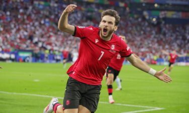 Khvicha Kvaratskhelia of Georgia celebrates after scoring his team's first goal against Portugal at Arena AufSchalke on June 26