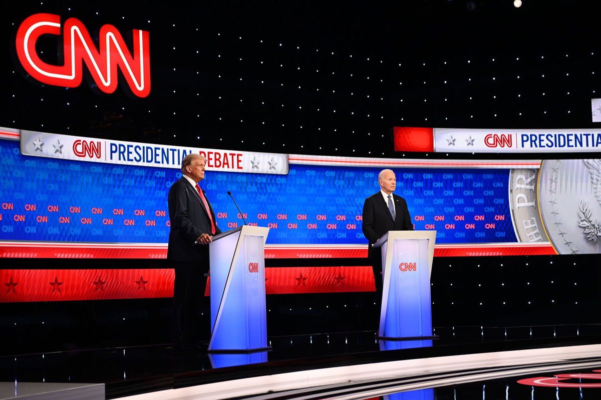 <i>Will Lanzoni/CNN via CNN Newsource</i><br/>Former President Donald Trump and President Joe Biden debate at CNN's Atlanta studios on June 27