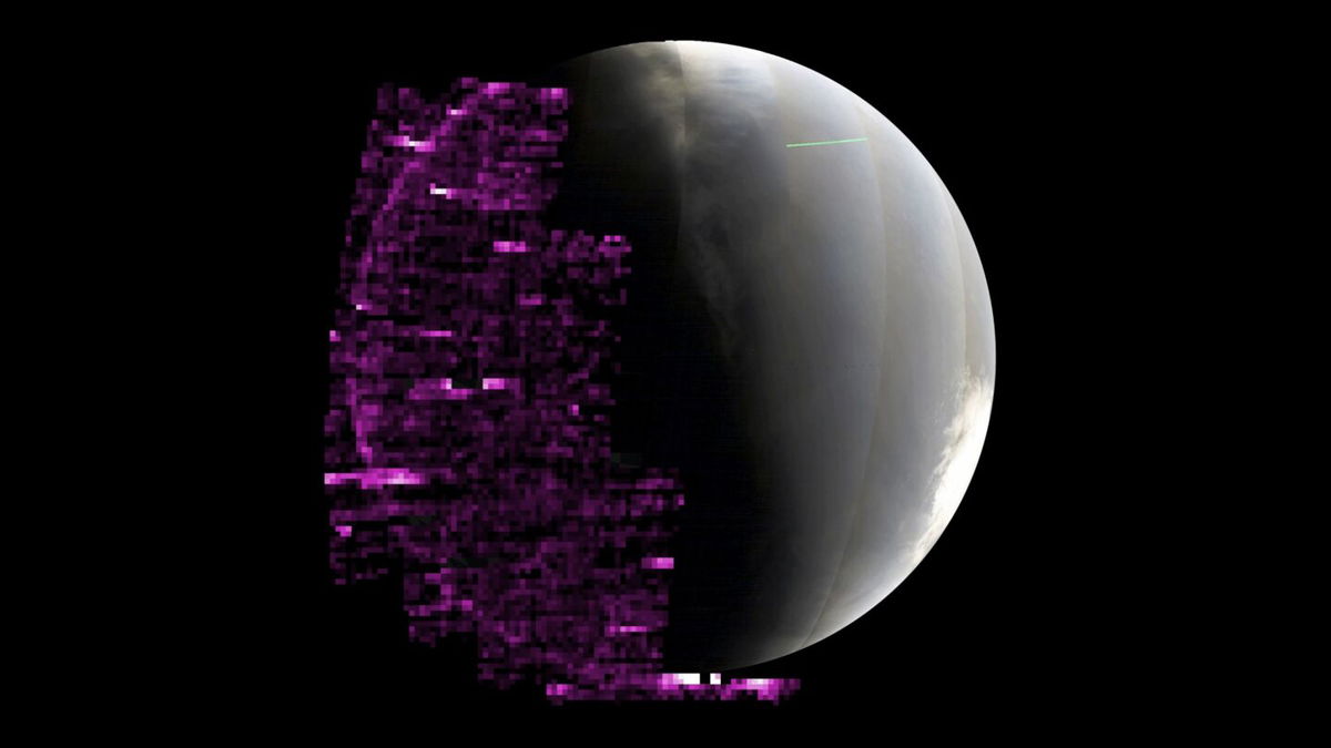 The bright purple color depicts auroras on Mars’ nightside that were detected by the ultraviolet instrument aboard NASA’s MAVEN orbiter between May 14 and 20.