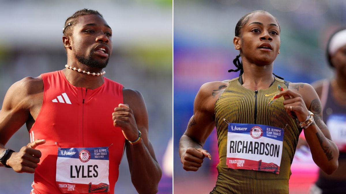 <i>Patrick Smith/Getty Images via CNN Newsource</i><br/>Noah Lyles competes in the men's 200 meter semifinal.