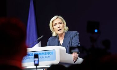 Marine Le Pen gives a speech as results come in for the first round of the French parliamentary elections in Henin-Beaumont