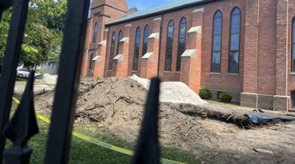 <i>WTKR via CNN Newsource</i><br/>The grounds are dug up next to Christ Episcopal Church in Downtown Elizabeth City after centuries-old artifacts were found at the site.