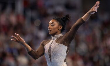 Simone Biles performs her floor routine at the US Gymnastics Championships in Fort Worth
