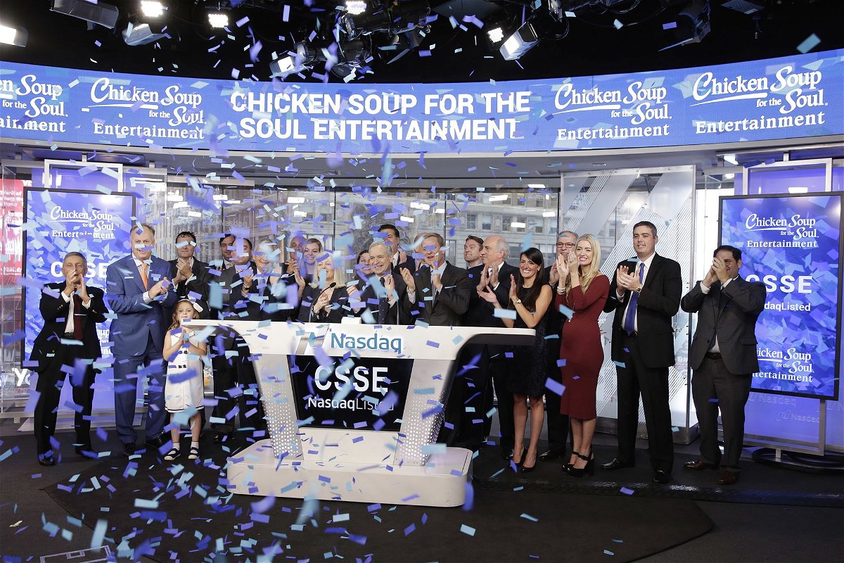 Chicken Soup for the Soul Entertainment executives ring the opening bell at the Nasdaq in 2017. The parent company of Redbox has filed for bankruptcy after enduring months of financial struggle.