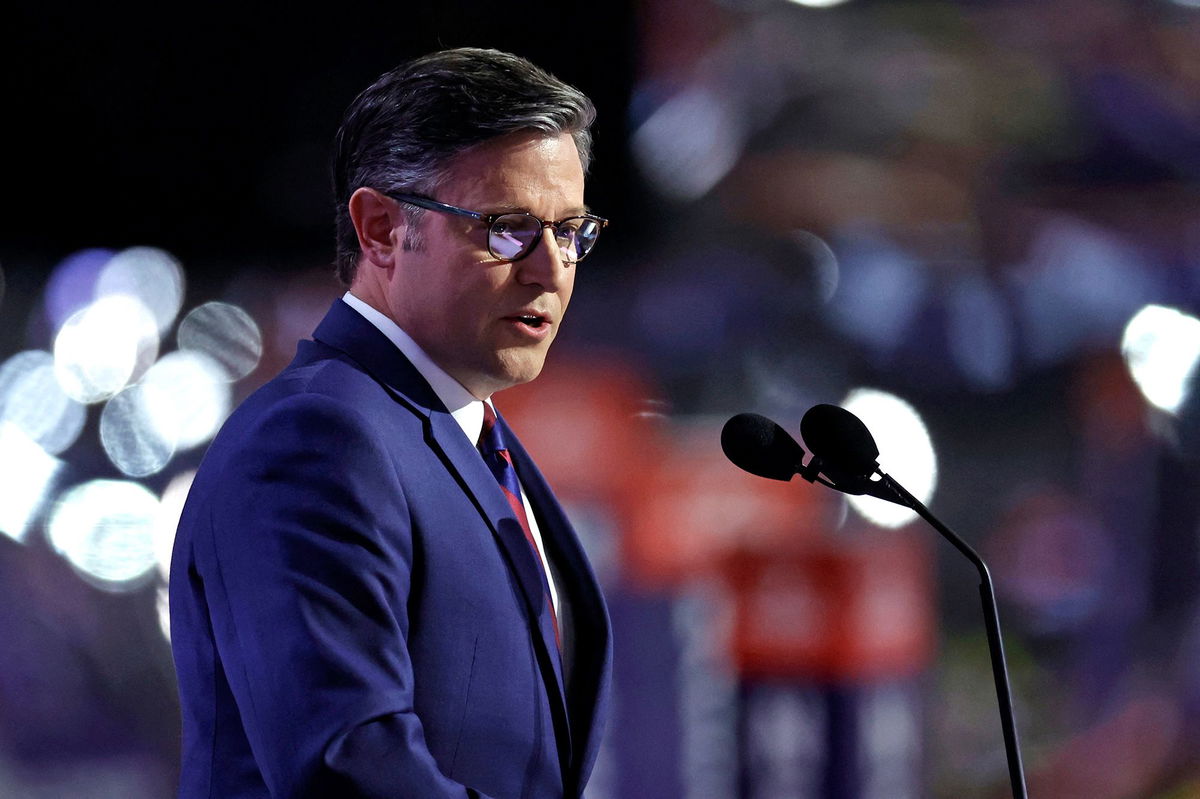 <i>Kamil Krzaczynski/AFP/Getty Images via CNN Newsource</i><br/>House Speaker Mike Johnson speaks at the Republican National Convention in Milwaukee