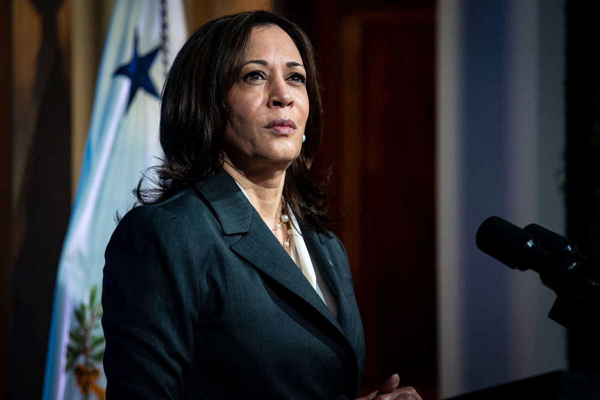 <i>Al Drago/Pool/Getty Images via CNN Newsource</i><br/>U.S. Vice President Kamala Harris speaks during a virtual Leaders Summit on Climate with 40 world leaders in the East Room of the White House April 22