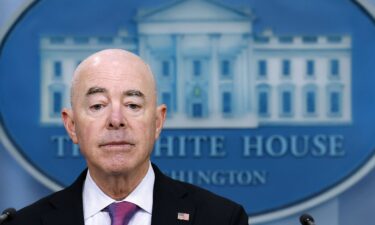 Homeland Security Secretary Alejandro Mayorkas is pictured during a press briefing in Washington