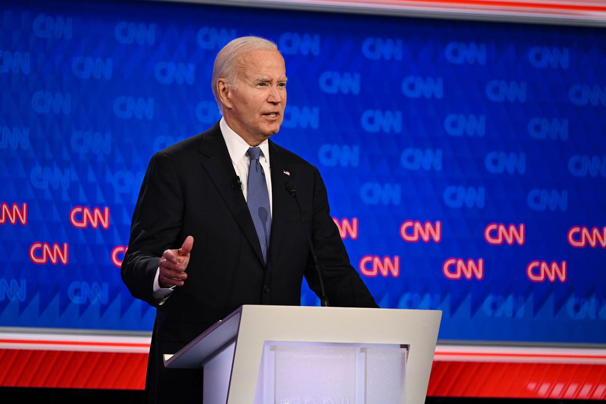 <i>Will Lanzoni/CNN via CNN Newsource</i><br/>Former President Donald Trump and President Joe Biden debate at CNN's Atlanta studios on June 27