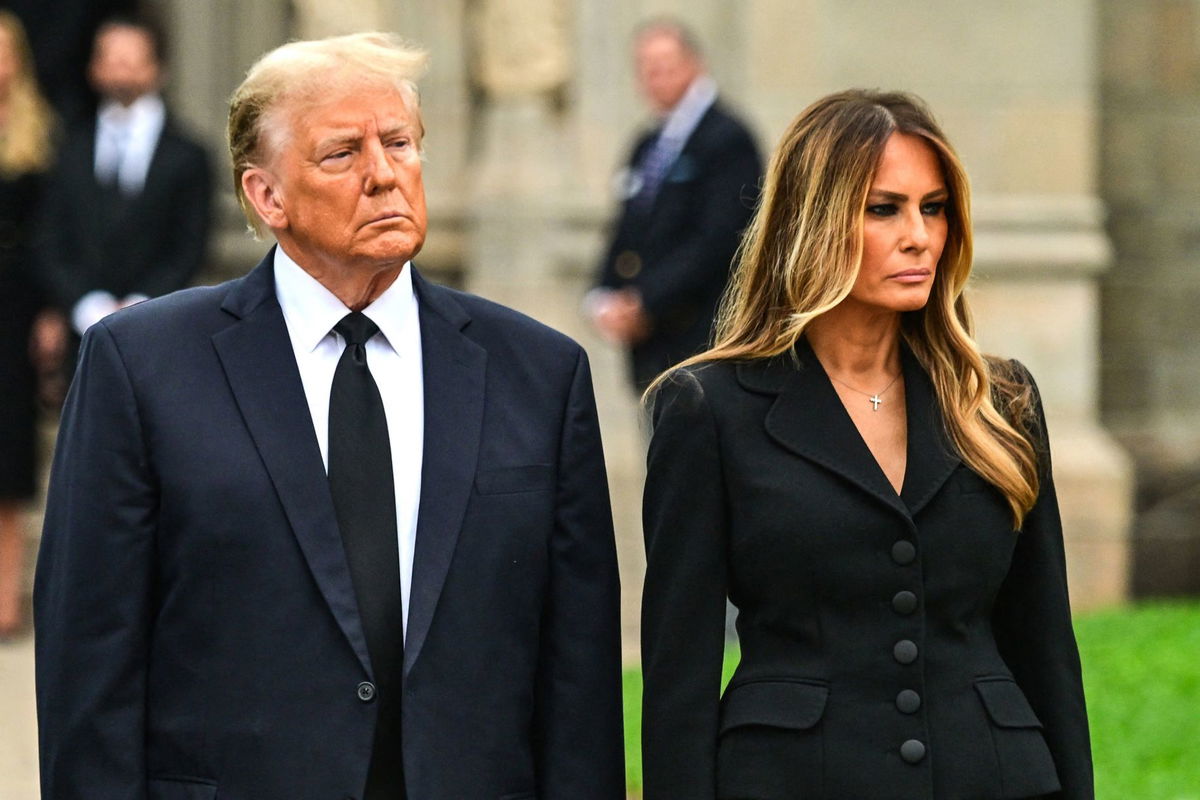 Former President Donald Trump and former first lady Melania Trump depart the funeral for Amalija Knavs, Melania Trump's mother, outside the Church of Bethesda-by-the-Sea, in Palm Beach, Florida, on January 18, 2024.