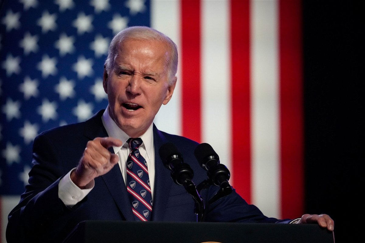 <i>Drew Angerer/Getty Images via CNN Newsource</i><br/>U.S. President Joe Biden speaks during a campaign event at Montgomery County Community College.