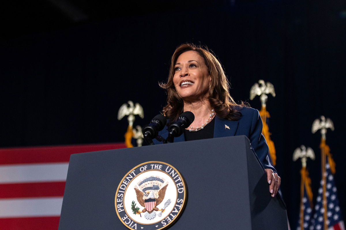 <i>Jim Vondruska/Getty Images via CNN Newsource</i><br/>Vice President Kamala Harris speaks at a campaign rally in West Allis