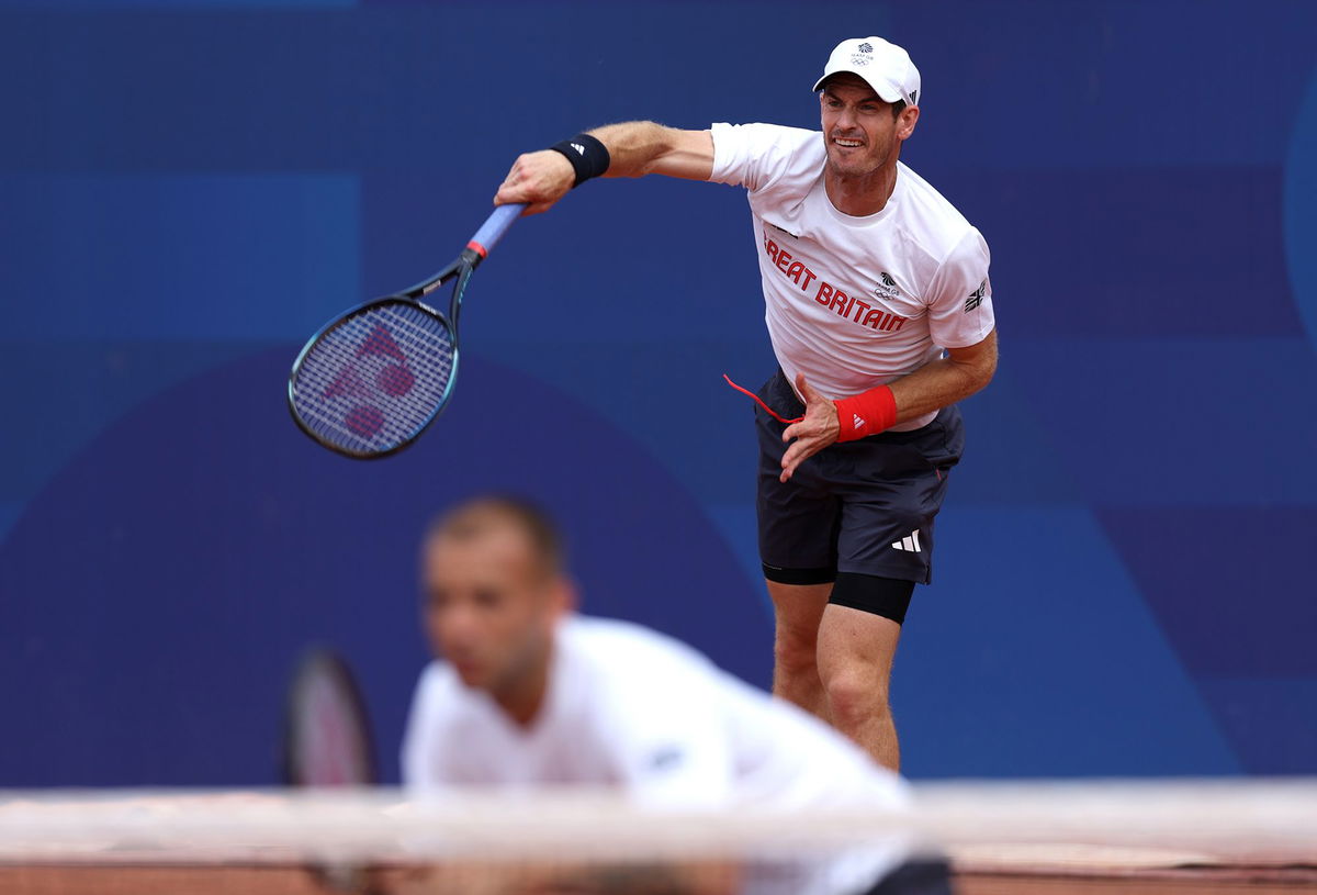 <i>Clive Brunskill/Getty Images via CNN Newsource</i><br/>Andy Murray serves during a training session ahead of the Paris 2024 Olympic Games at Roland Garros on July 24 in Paris.