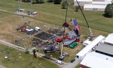 A drone view shows the stage where former President Donald Trump had been standing during an assassination attempt the day before