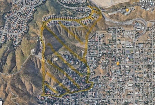 <i>SBCFD/KCAL/KCBS via CNN Newsource</i><br/>The department highlighted the areas under the evacuation orders in yellow.