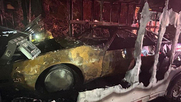 <i>Monterey Fire Department/KPIX via CNN Newsource</i><br/>A 1979 Ford Ghia Probe 1 concept car appeared destroyed inside a burned-out trailer on the Munras Avenue offramp from state Highway 1 in Monterey