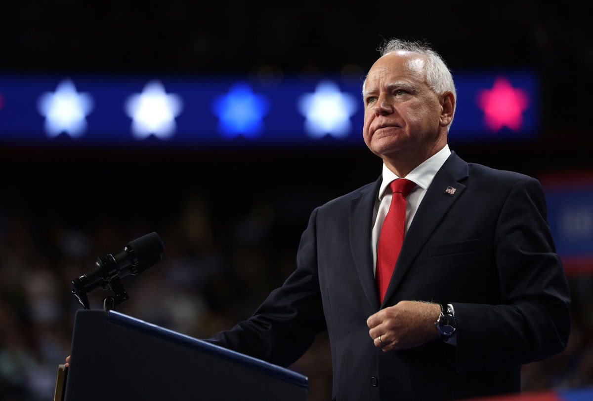 <i>Justin Sullivan/Getty Images via CNN Newsource</i><br/>Minnesota Gov. Tim Walz speaks during a campaign rally at the University of Las Vegas Thomas & Mack Center on August 10 in Las Vegas