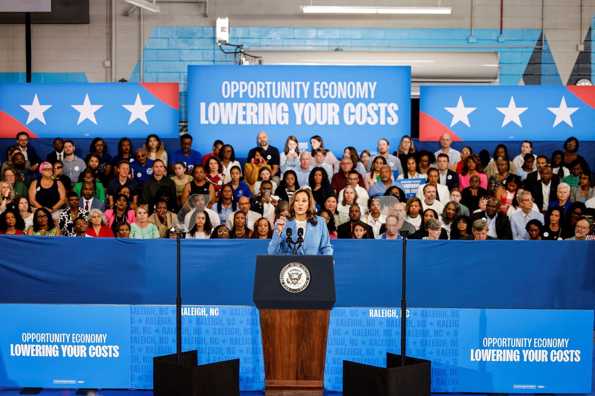 <i>Jonathan Drake/Reuters via CNN Newsource</i><br/>US Vice President and Democratic presidential candidate Kamala Harris speaks at an event at the Hendrick Center for Automotive Excellence in Raleigh